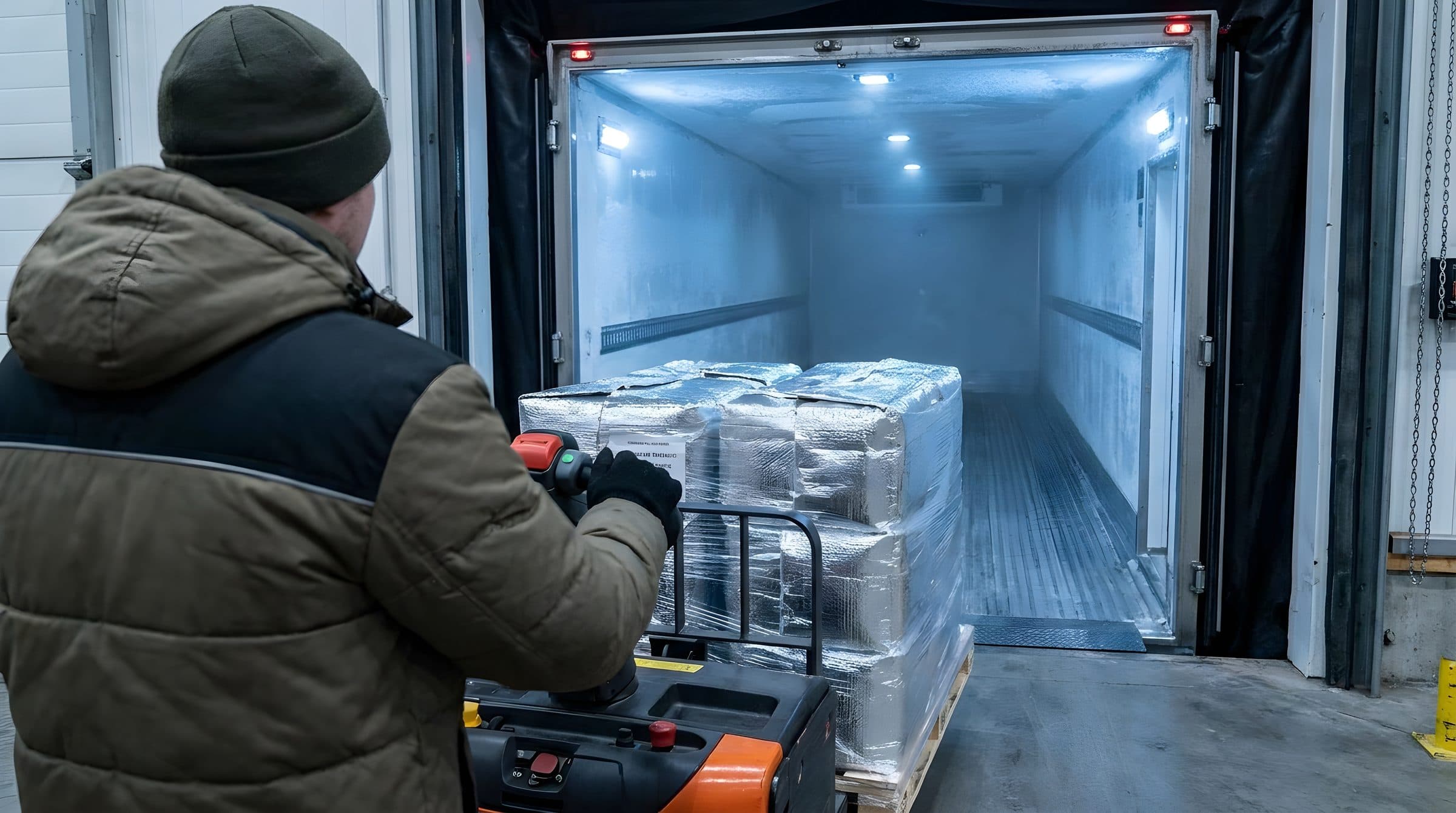 Worker loading insulated pallets into a chilled refrigerated trailer at a cold-storage dock