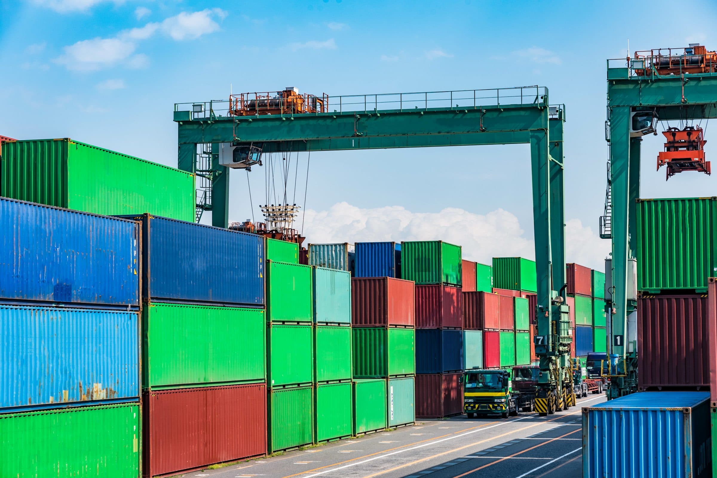 Shipping containers stacked at a port terminal