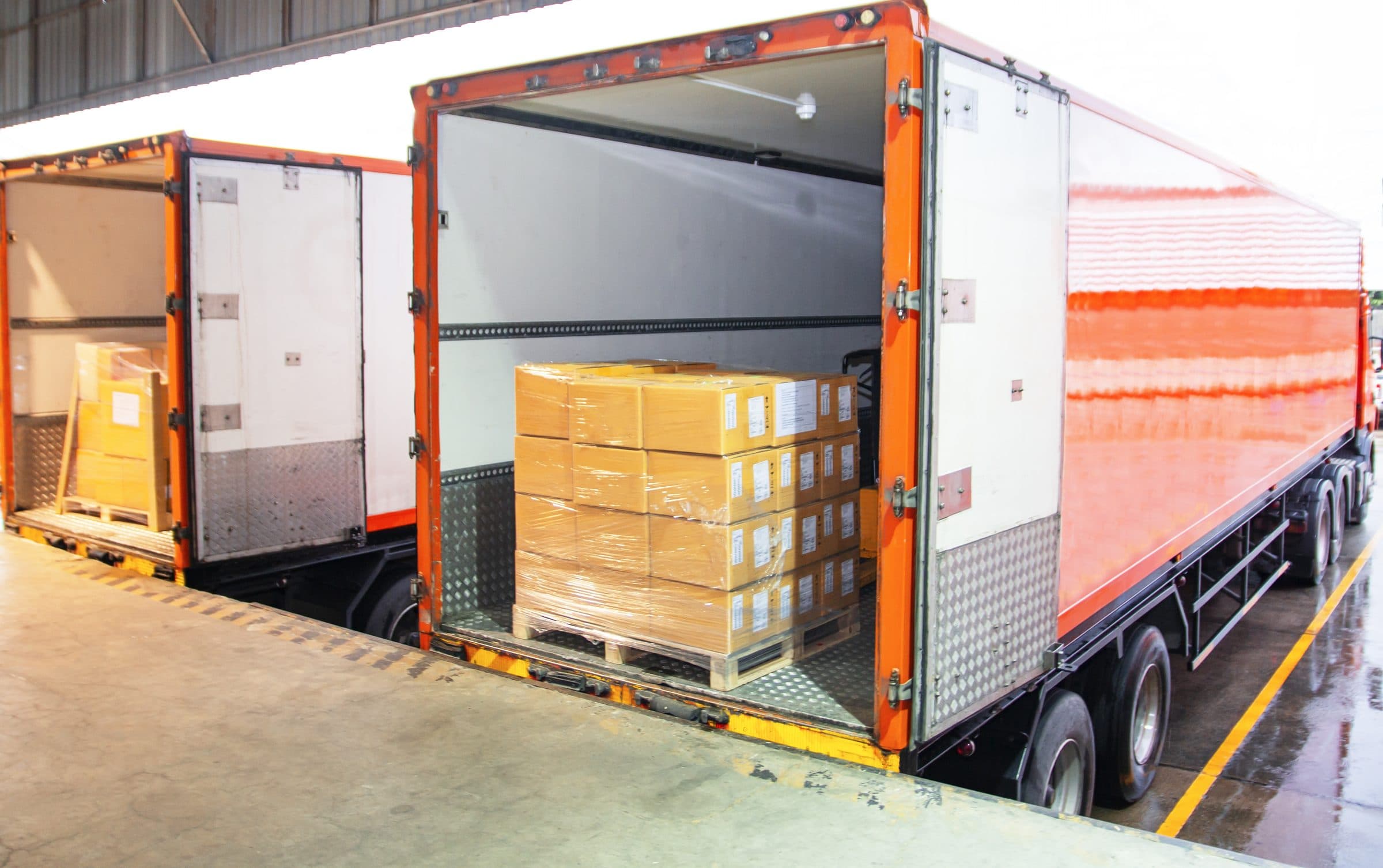 Trailer at a loading dock with palletized freight